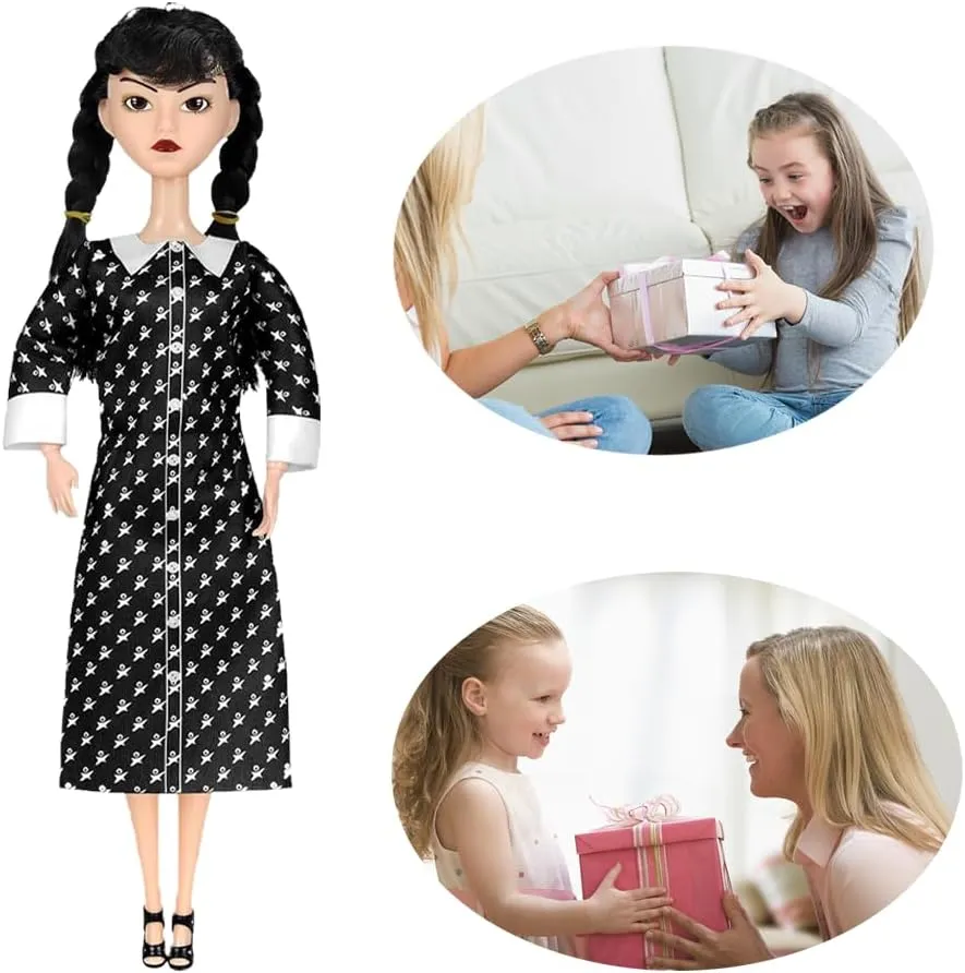 11.5" Addams Doll with Gift Box, Black Dress, High Heels and Hair, Perfect Christmas and Birthdays Toy Gift for Girls and FansA1