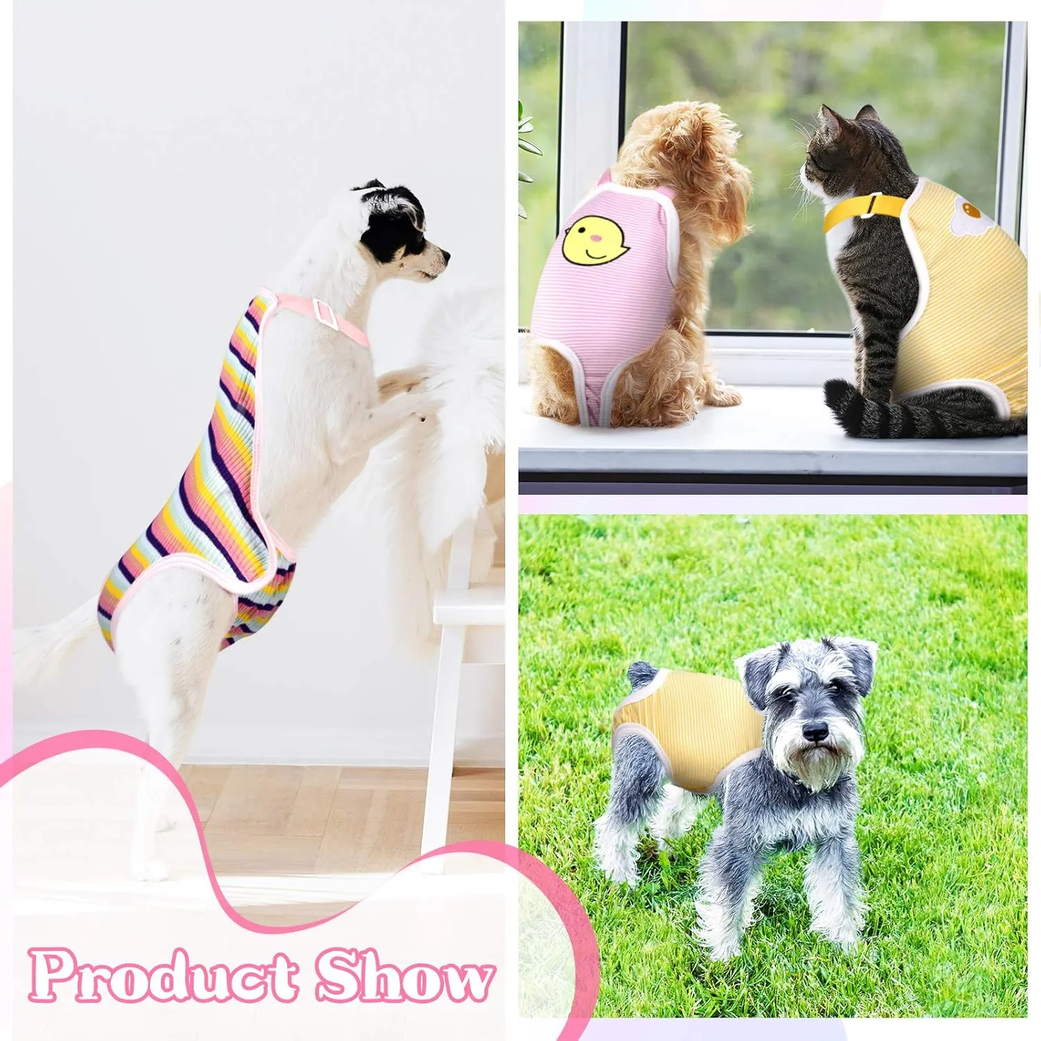3 Pieces Dog Diaper Striped Sanitary Pantie with Adjustable Suspender Washable Reusable Puppy Sanitary Panties Cute Pet Underwear Diaper Jumpsuits for Female Dogs (Cute Pattern, XL)