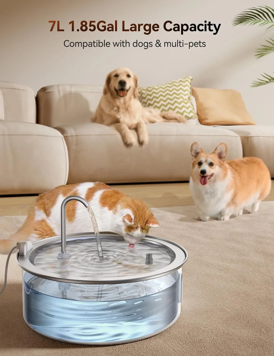 7L/1.8Gal Stainless Steel Dog Water Fountain, for Large Dogs, Cats, Multi-Pets, Ultra Quiet with 5-Layers Filtration, Pet Dog Water Bowl Dispenser, 236 fl oz with 2 Filters (FN-W14)