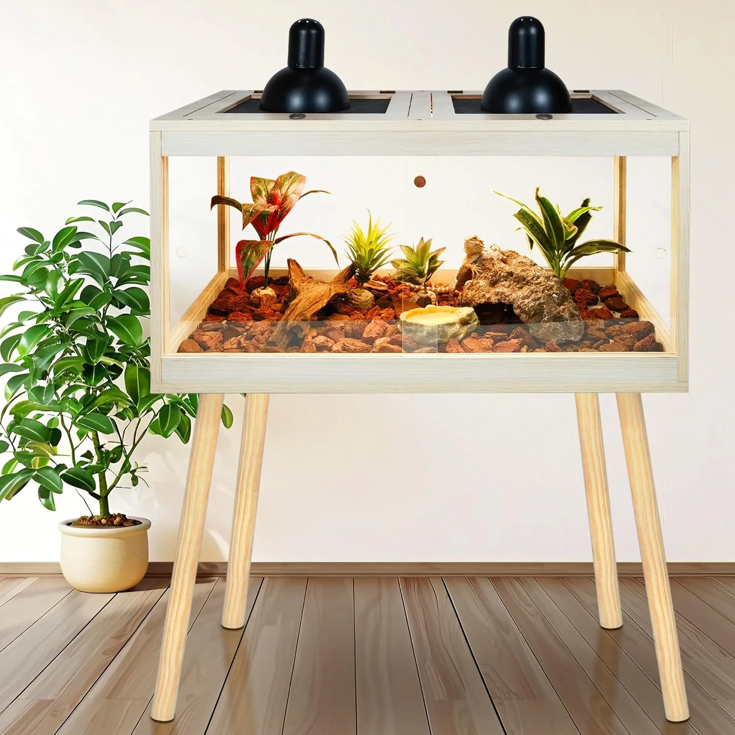 Bearded Dragon Tank with Legs Up to 77 Gallons, Tortoise Habitat with Metal Mesh Top, Reptile Enclosure Lockable Design, Snake Tank (Oak, 62 Gallon, 40" L x 20" W x 47.6" H)