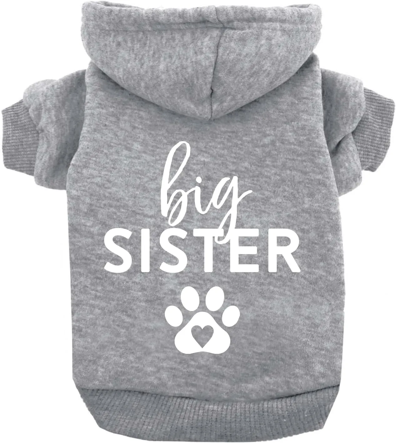 Big Sister Heart Paw Baby Announcement Dog Hoodie Fleece Lined Pullover Sweatshirt with Leash Hole (Grey, 4X-Large 86)