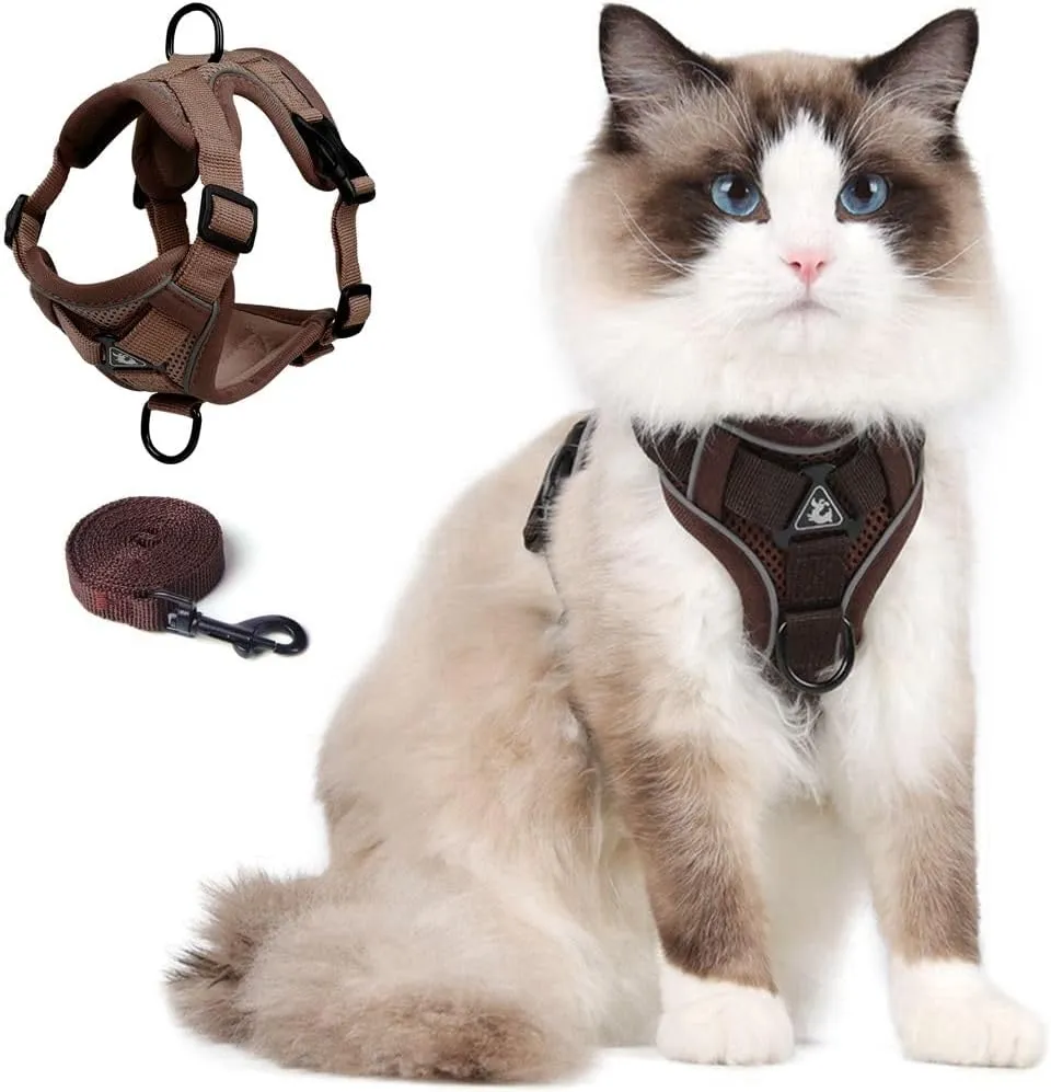Cat Harness and Leash Set, Upgraded Escape Proof Adjustable Vest with Lead for Kitten Puppy Outdoor Walking, Soft Breathable Mesh Jacket with Reflective Strips for Dark Night (M, Coffee Brown)
