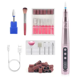 Cordless Electric Nail Drill Professional Kit, 35000 RPM Electric Nail File for Poly Gel Nail, Acrylic Nail, 12 in 1 Nail Polish Remover Tool for Women at Home Salon with Sanding Bands, Pink