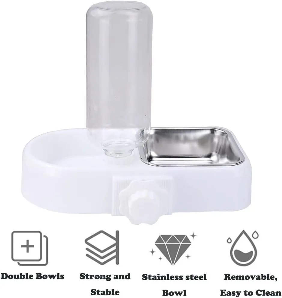 Crate Dog Cat Bowls, Dog Water and Food Bowl Set with Detachable Stainless Steel Bowl and Automatic Water Dispenser Bottle, Hanging Pet Cage Kennel Food Water Feeder Bowls for Puppy Cat Rabbite Birds