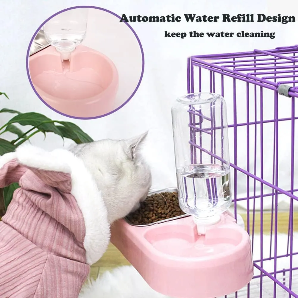 Crate Dog Cat Bowls, Dog Water and Food Bowl Set with Detachable Stainless Steel Bowl and Automatic Water Dispenser Bottle, Hanging Pet Cage Kennel Food Water Feeder Bowls for Puppy Cat Rabbite Birds