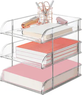 Desk Organizer and Storage,3-Tier File Paper Tray Organizer,Stackable Clear Desktop Organizers for Documents,Book Magazine Storage,Office Supplies (Clear,3 Pack)