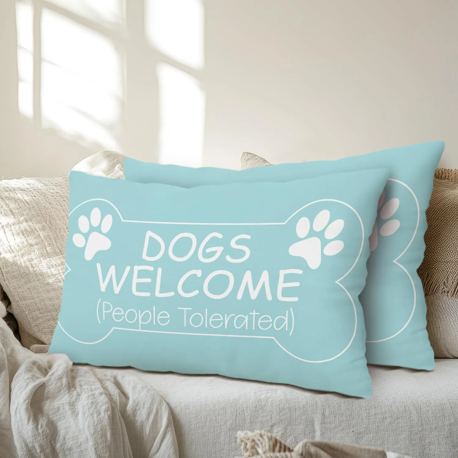 Dog Blue Throw Pillow Covers 12 x 20, Dog Welcome People Tolerated, Dog Lover Gifts for Pet Owner Women Men Dog Mom Gifts, Dog House Pillow Cover for Sofa Bedroom Decorative Pillow Cases -45