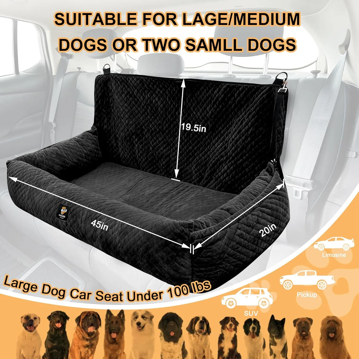 Dog Car Seat for Large Dog Car Bed Under 100LBS, Pet Booster Back Seat Removable Washable with Safety Tethers/Storage PocketBlack