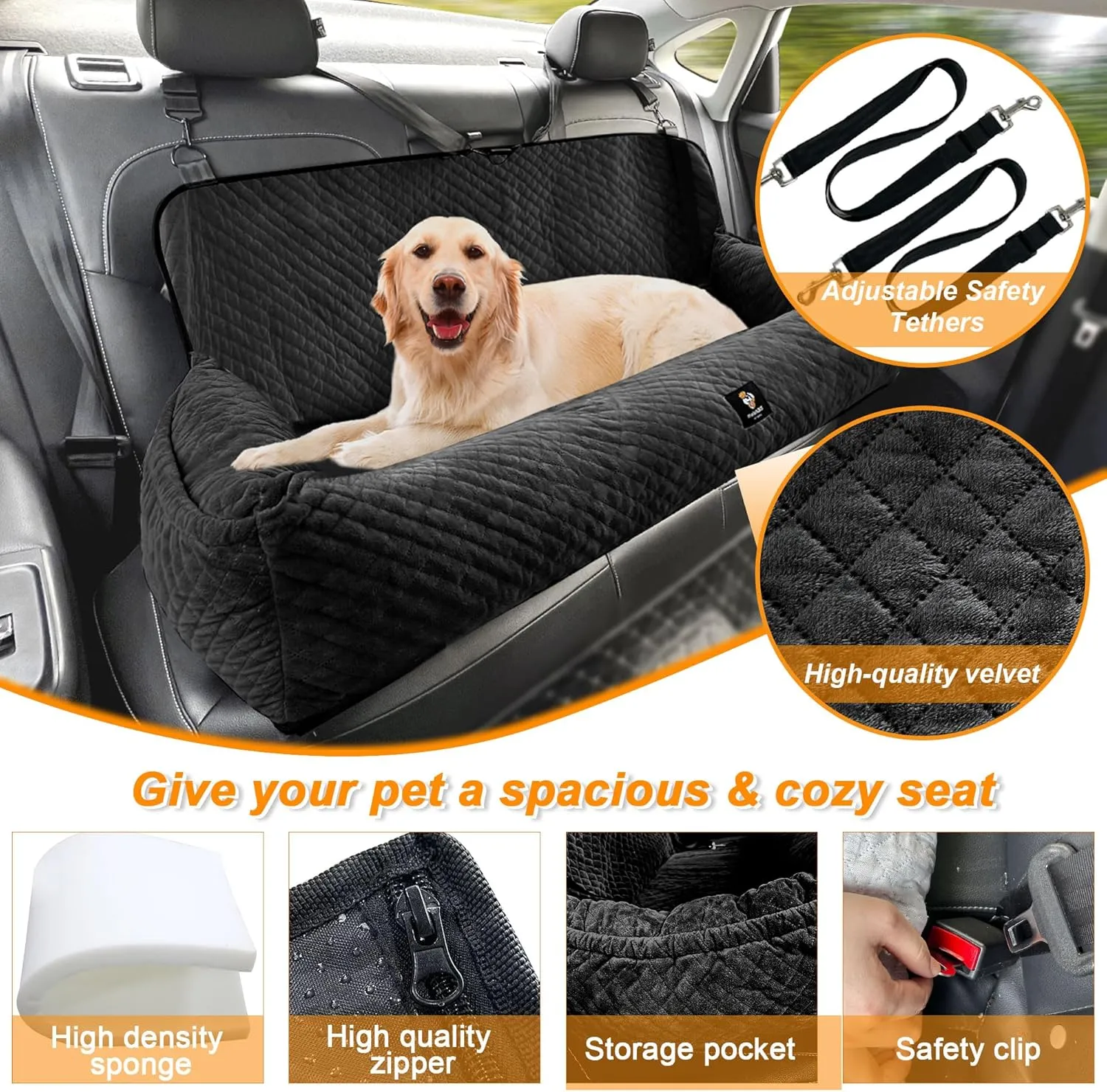 Dog Car Seat for Large Dog Car Bed Under 100LBS, Pet Booster Back Seat Removable Washable with Safety Tethers/Storage PocketBlack