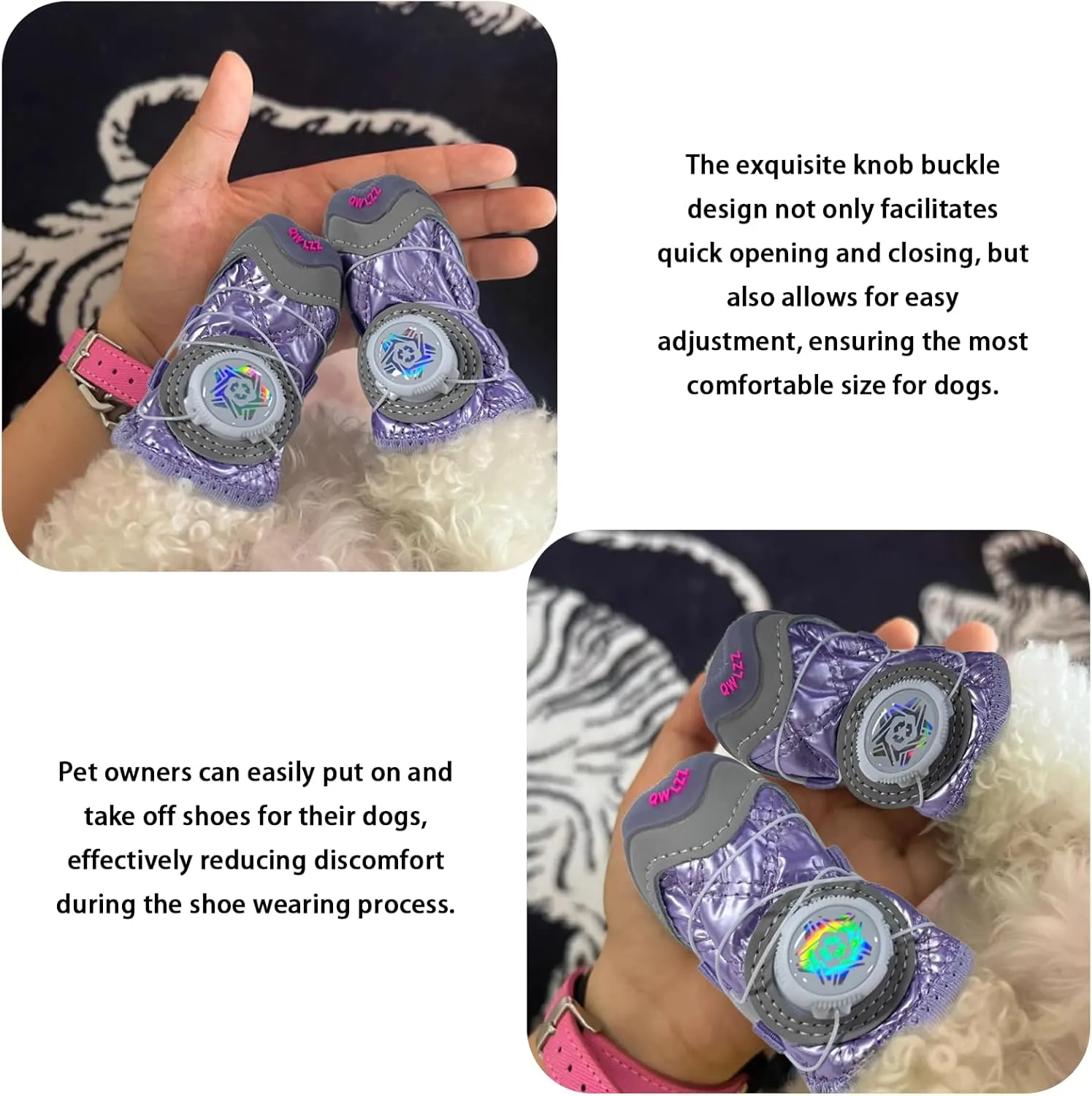 Dog Shoes for Large Dogs,Dog Boots for Small Dogs,Waterproof,Anti Slip,Anti Shedding,Suitable for All Seasons,12 Styles- Knob Buckle Shoes.(Winter-Purple, Size 1: 1.3"x1.6"(W*L)(Pack of 4))