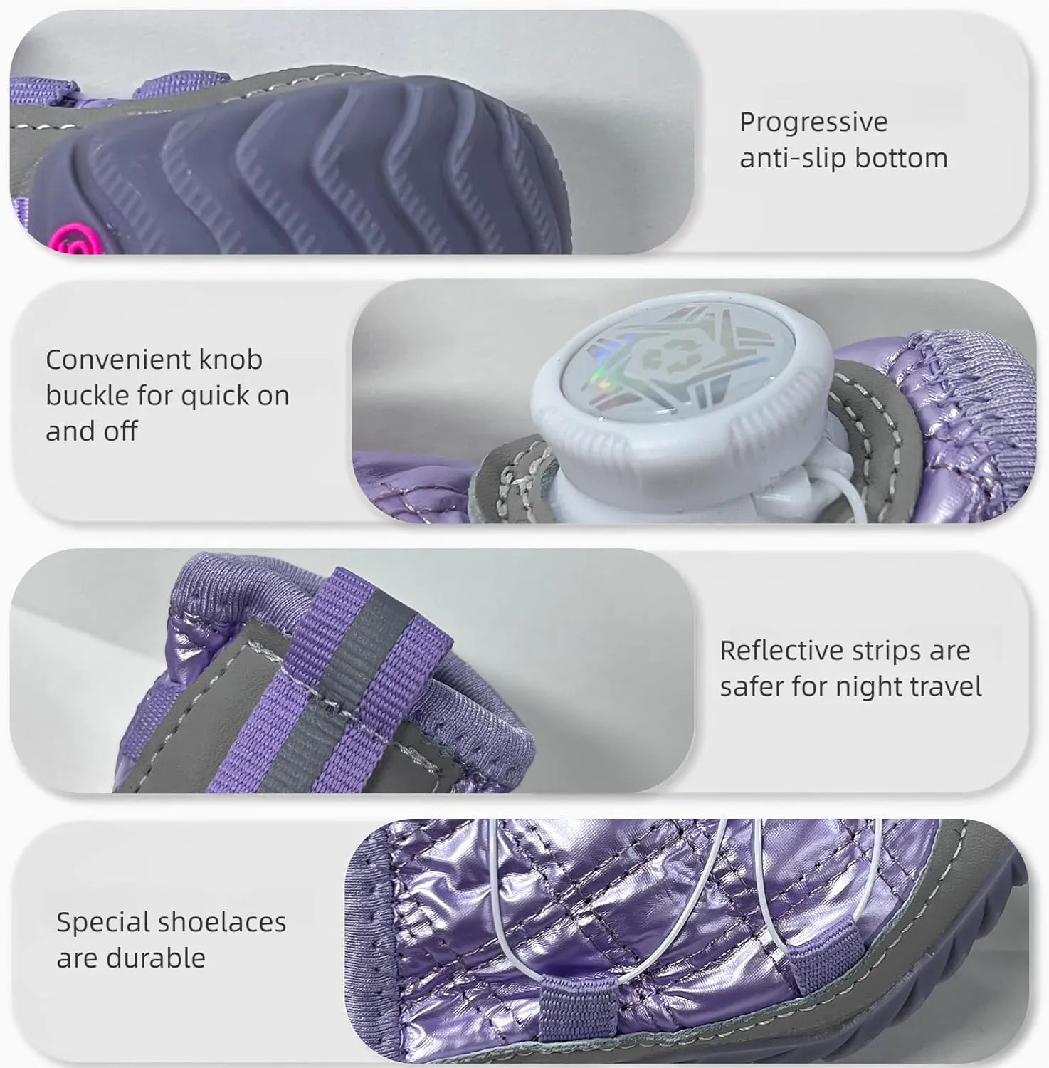 Dog Shoes for Large Dogs,Dog Boots for Small Dogs,Waterproof,Anti Slip,Anti Shedding,Suitable for All Seasons,12 Styles- Knob Buckle Shoes.(Winter-Purple, Size 1: 1.3"x1.6"(W*L)(Pack of 4))