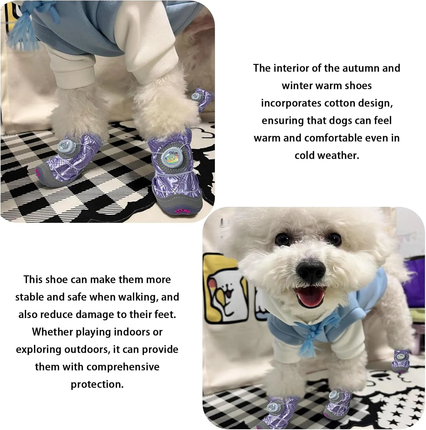 Dog Shoes for Large Dogs,Dog Boots for Small Dogs,Waterproof,Anti Slip,Anti Shedding,Suitable for All Seasons,12 Styles- Knob Buckle Shoes.(Winter-Purple, Size 1: 1.3"x1.6"(W*L)(Pack of 4))
