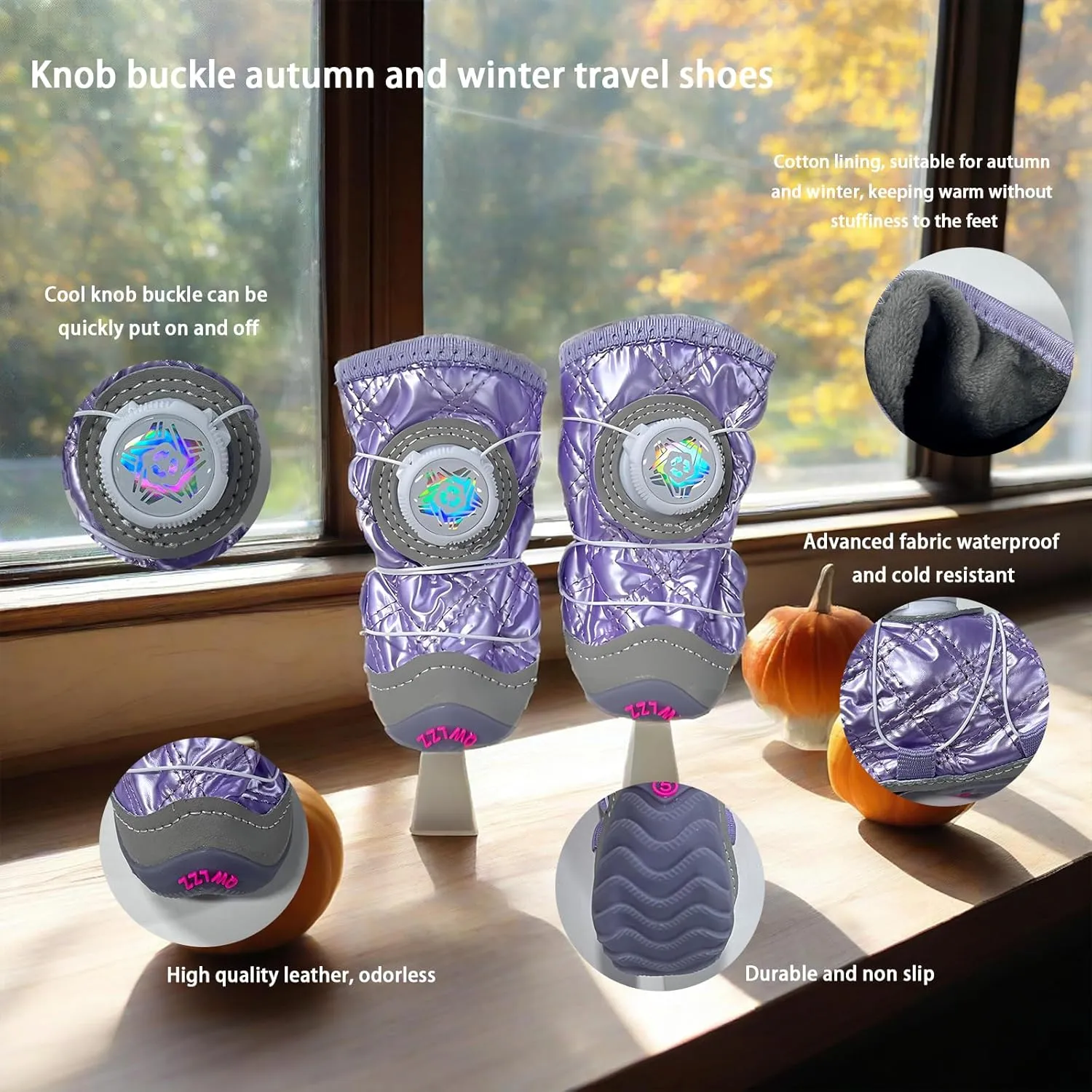 Dog Shoes for Large Dogs,Dog Boots for Small Dogs,Waterproof,Anti Slip,Anti Shedding,Suitable for All Seasons,12 Styles- Knob Buckle Shoes.(Winter-Purple, Size 1: 1.3"x1.6"(W*L)(Pack of 4))