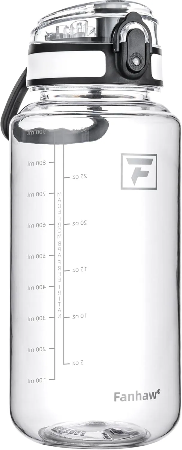 Fanhaw 32 Oz Clear Tritan Water Bottle with Chug Lid, BPA-free, Wide Mouth, Leak Proof - for Gym, Travel, Home, School, Office (Clear&White)