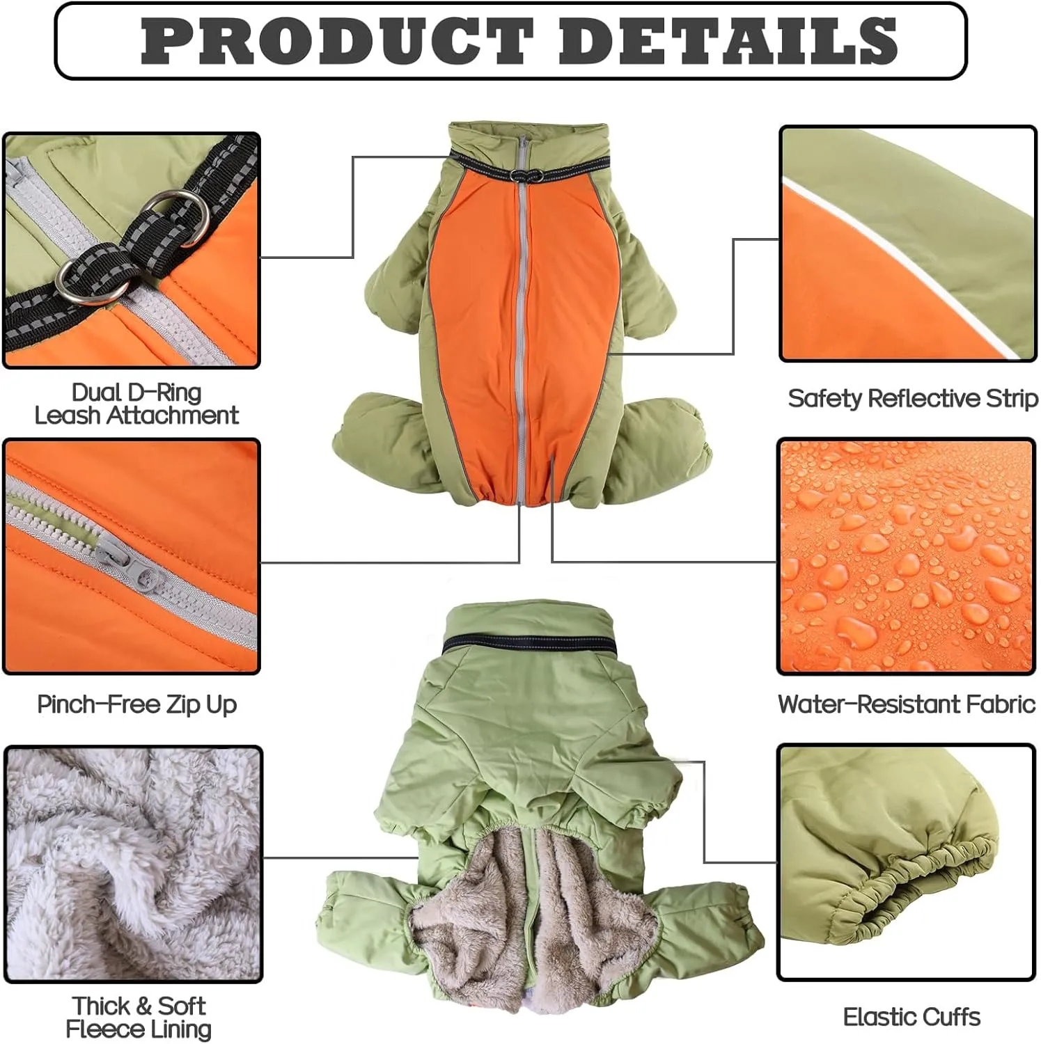 Four-Legged Thick Coat for Dogs, Zip Up Windproof Warm Winter Jacket, Reflective Waterproof Dog Snowsuit with Leash Ring, LightGreen,20