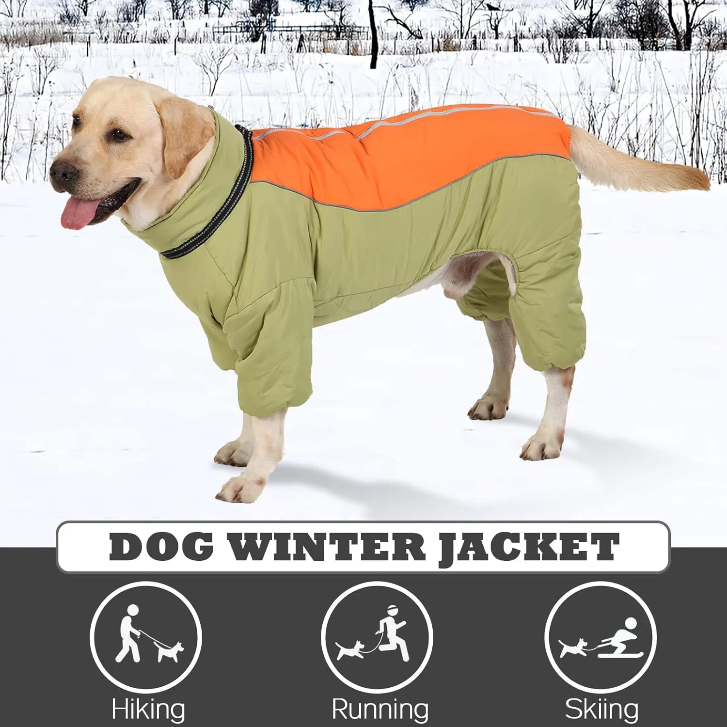 Four-Legged Thick Coat for Dogs, Zip Up Windproof Warm Winter Jacket, Reflective Waterproof Dog Snowsuit with Leash Ring, LightGreen,20