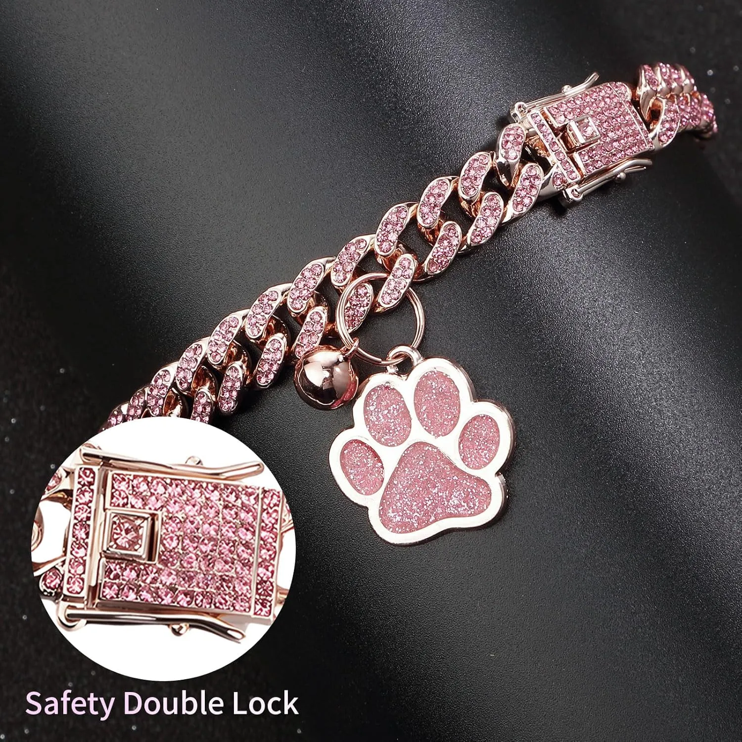 Hillban Cat Collar Diamond Chain Glitter Collar Walking Metal with Secure Buckle Cat Pet Necklace with Paw Charm and ID Tag Bell Link Cuban Jewelry Accessories(10 Inch,Rose Gold, Pink)