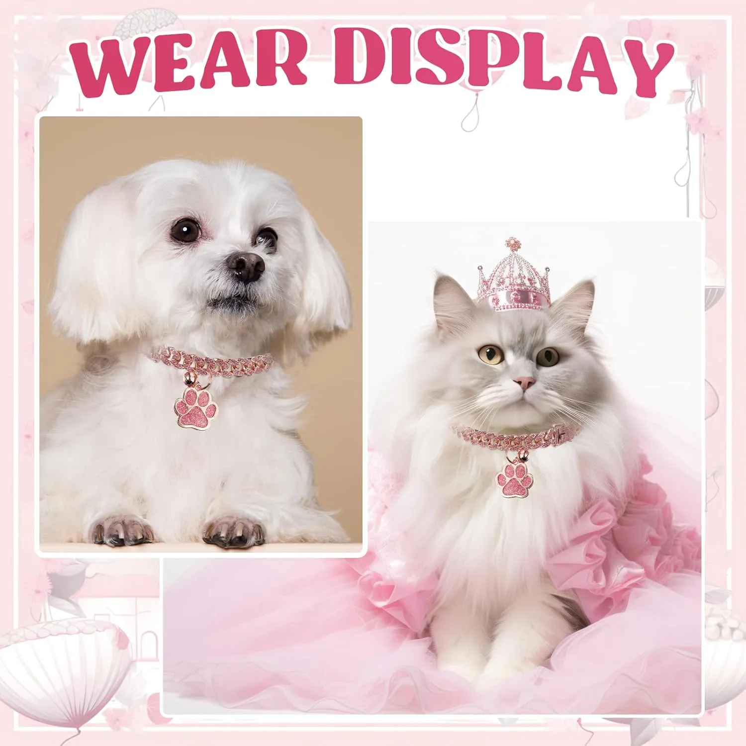 Hillban Cat Collar Diamond Chain Glitter Collar Walking Metal with Secure Buckle Cat Pet Necklace with Paw Charm and ID Tag Bell Link Cuban Jewelry Accessories(10 Inch,Rose Gold, Pink)
