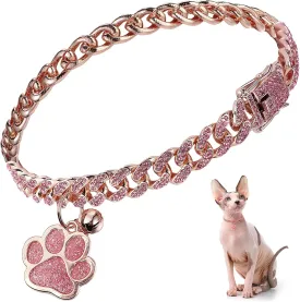 Hillban Cat Collar Diamond Chain Glitter Collar Walking Metal with Secure Buckle Cat Pet Necklace with Paw Charm and ID Tag Bell Link Cuban Jewelry Accessories(12 Inch,Rose Gold, Pink)