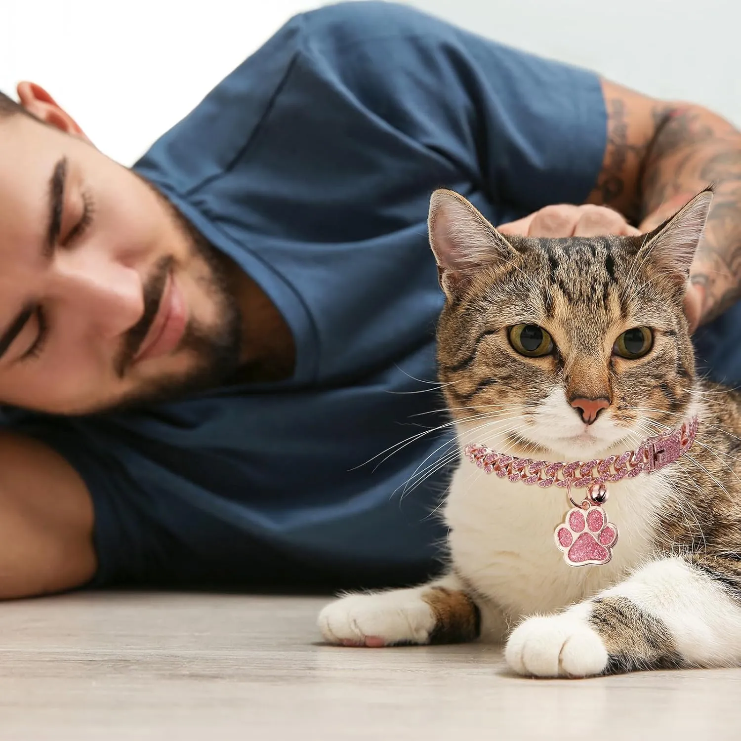 Hillban Cat Collar Diamond Chain Glitter Collar Walking Metal with Secure Buckle Cat Pet Necklace with Paw Charm and ID Tag Bell Link Cuban Jewelry Accessories(12 Inch,Rose Gold, Pink)