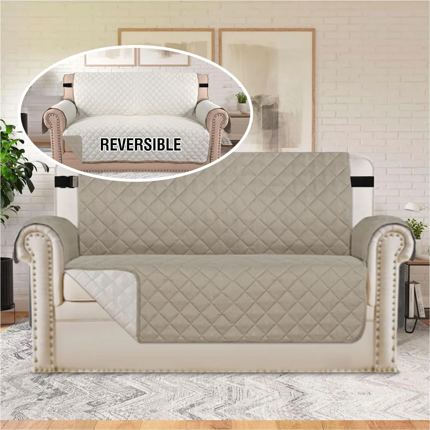H.VERSAILTEX Sofa Protector for Dogs/Cats/Pets Sofa Covers Slipcover Quilted Couch Coveres Loveseat Covers with Non Slip Elastic Strap Water Resistant Seat Width: 46" (Loveseat, Khaki/Beige)
