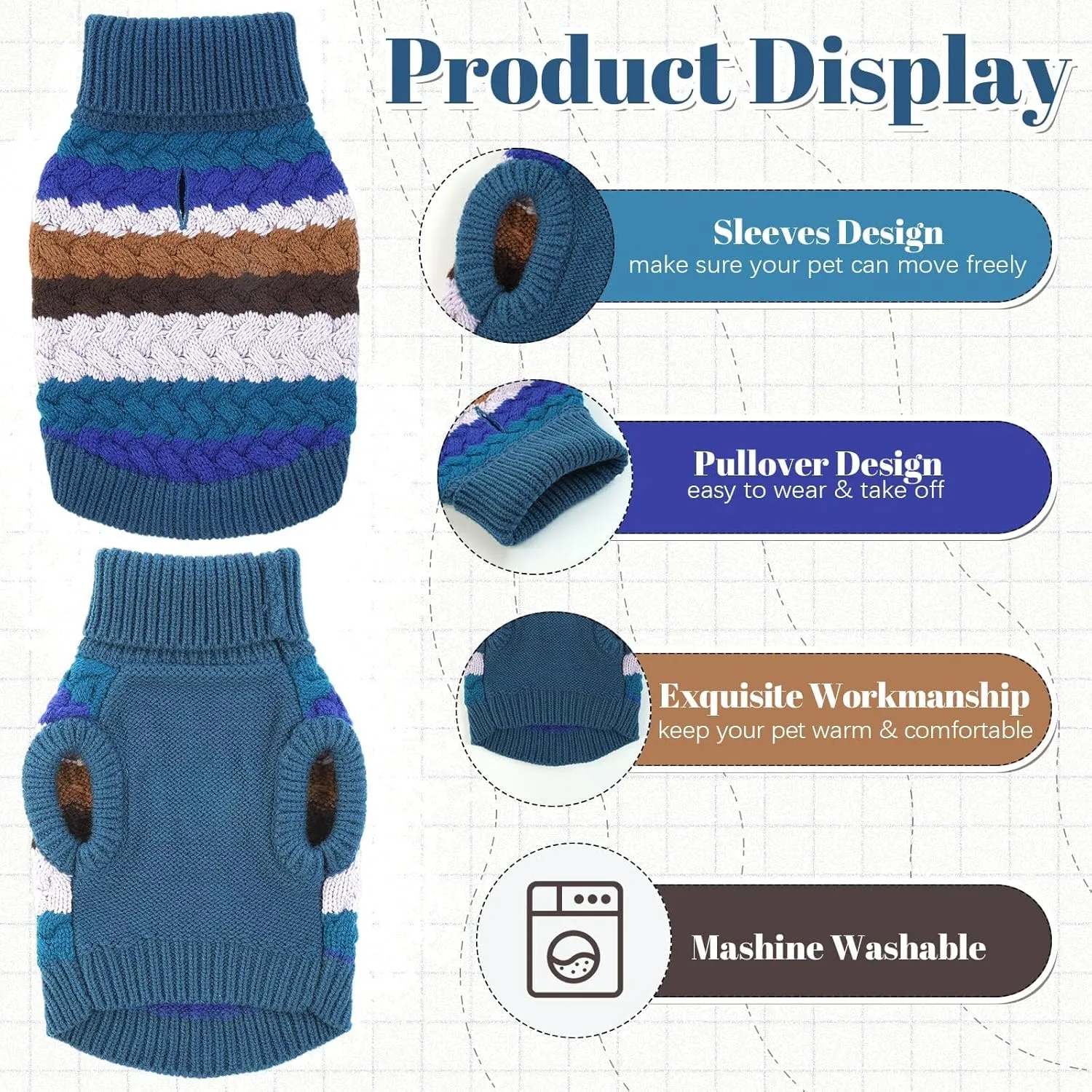 Kuoser Dog Sweater, Pet Cable Knitted Pullover Puppy Warm Clothes, Doggy Turtleneck Classic Knitwear Soft Thickening Doggie Outfit, Cold Weather Thermal Wear for Large Size Dogs, Blue 2XL
