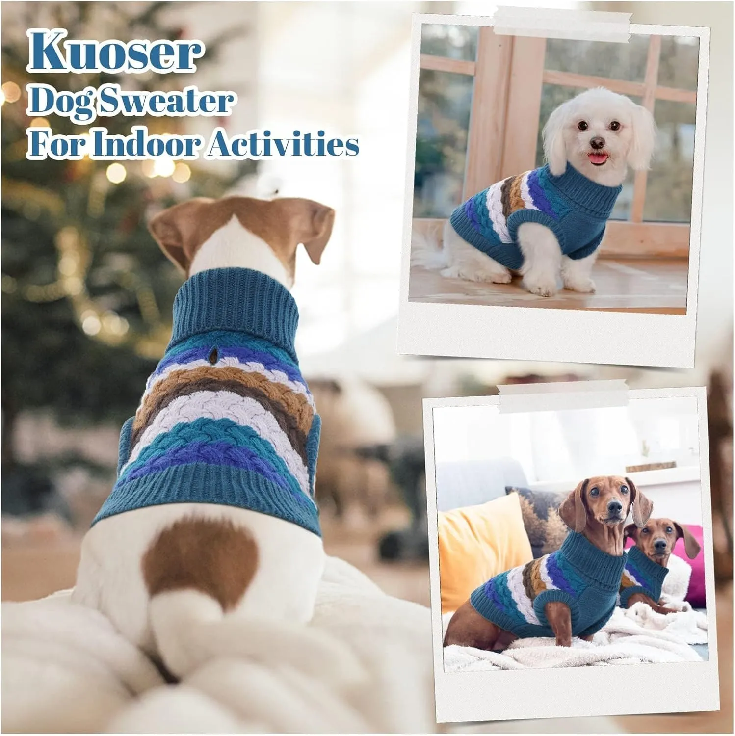 Kuoser Dog Sweater, Pet Cable Knitted Pullover Puppy Warm Clothes, Doggy Turtleneck Classic Knitwear Soft Thickening Doggie Outfit, Cold Weather Thermal Wear for Large Size Dogs, Blue 2XL