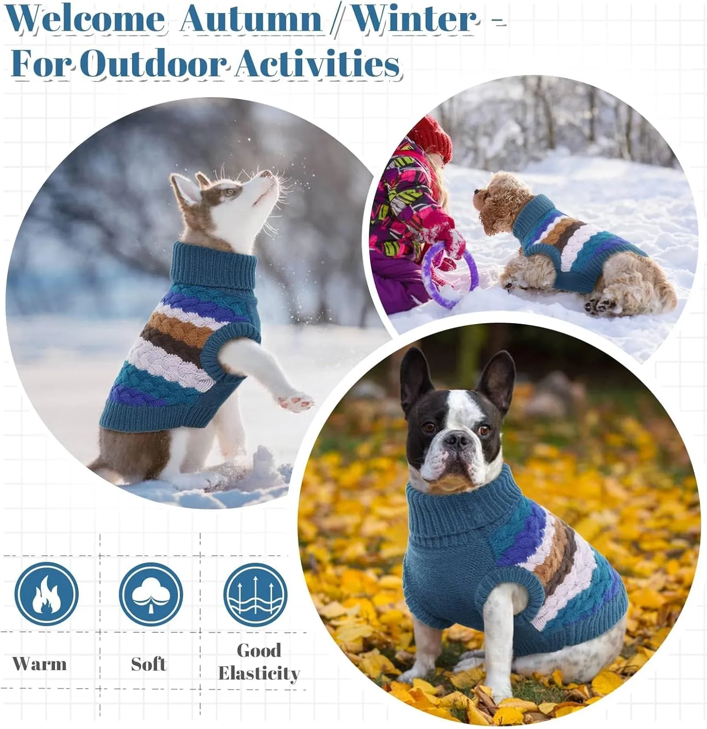 Kuoser Dog Sweater, Pet Cable Knitted Pullover Puppy Warm Clothes, Doggy Turtleneck Classic Knitwear Soft Thickening Doggie Outfit, Cold Weather Thermal Wear for Large Size Dogs, Blue 2XL