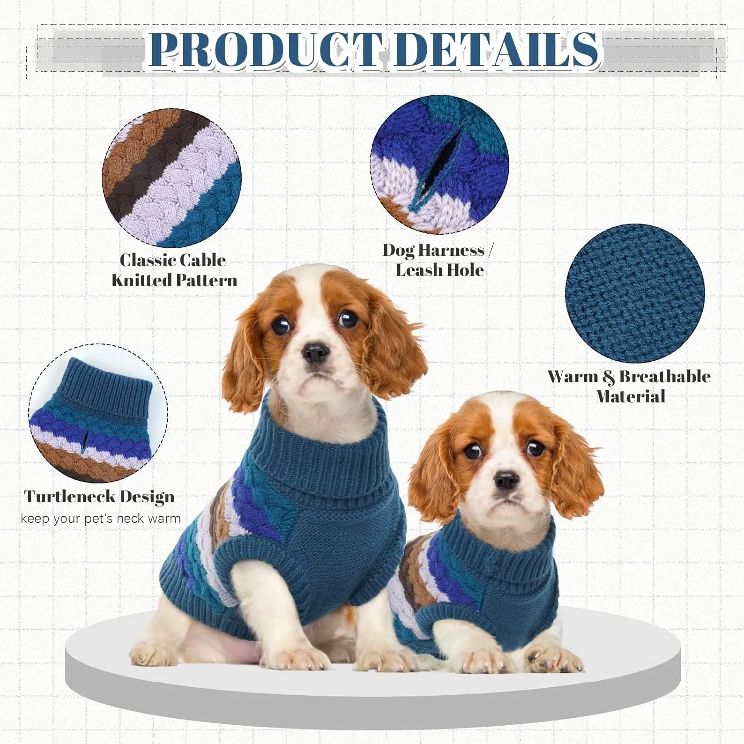 Kuoser Dog Sweater, Pet Cable Knitted Pullover Puppy Warm Clothes, Doggy Turtleneck Classic Knitwear Soft Thickening Doggie Outfit, Cold Weather Thermal Wear for Large Size Dogs, Blue 2XL