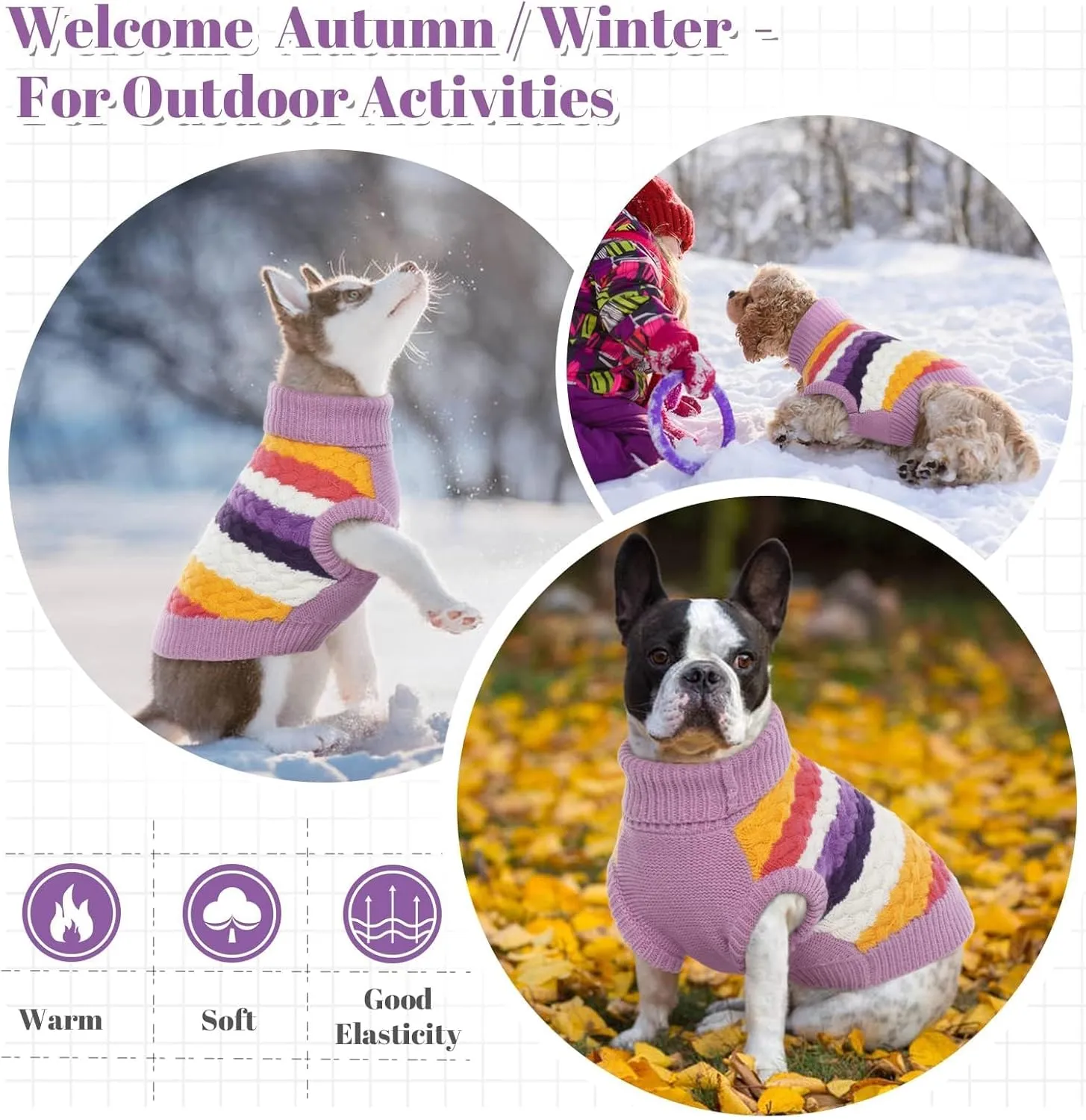 Kuoser Dog Sweater, Pet Cable Knitted Pullover Puppy Warm Clothes, Doggy Turtleneck Classic Knitwear Soft Thickening Doggie Outfit, Cold Weather Thermal Wear for Large Size Dogs, Purple 2XL