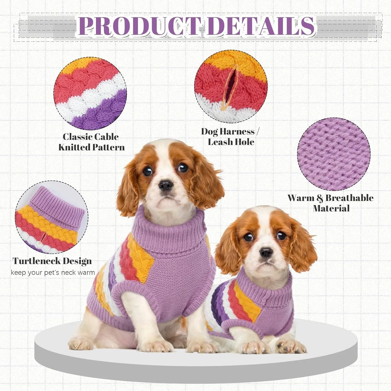 Kuoser Dog Sweater, Pet Cable Knitted Pullover Puppy Warm Clothes, Doggy Turtleneck Classic Knitwear Soft Thickening Doggie Outfit, Cold Weather Thermal Wear for Large Size Dogs, Purple 2XL