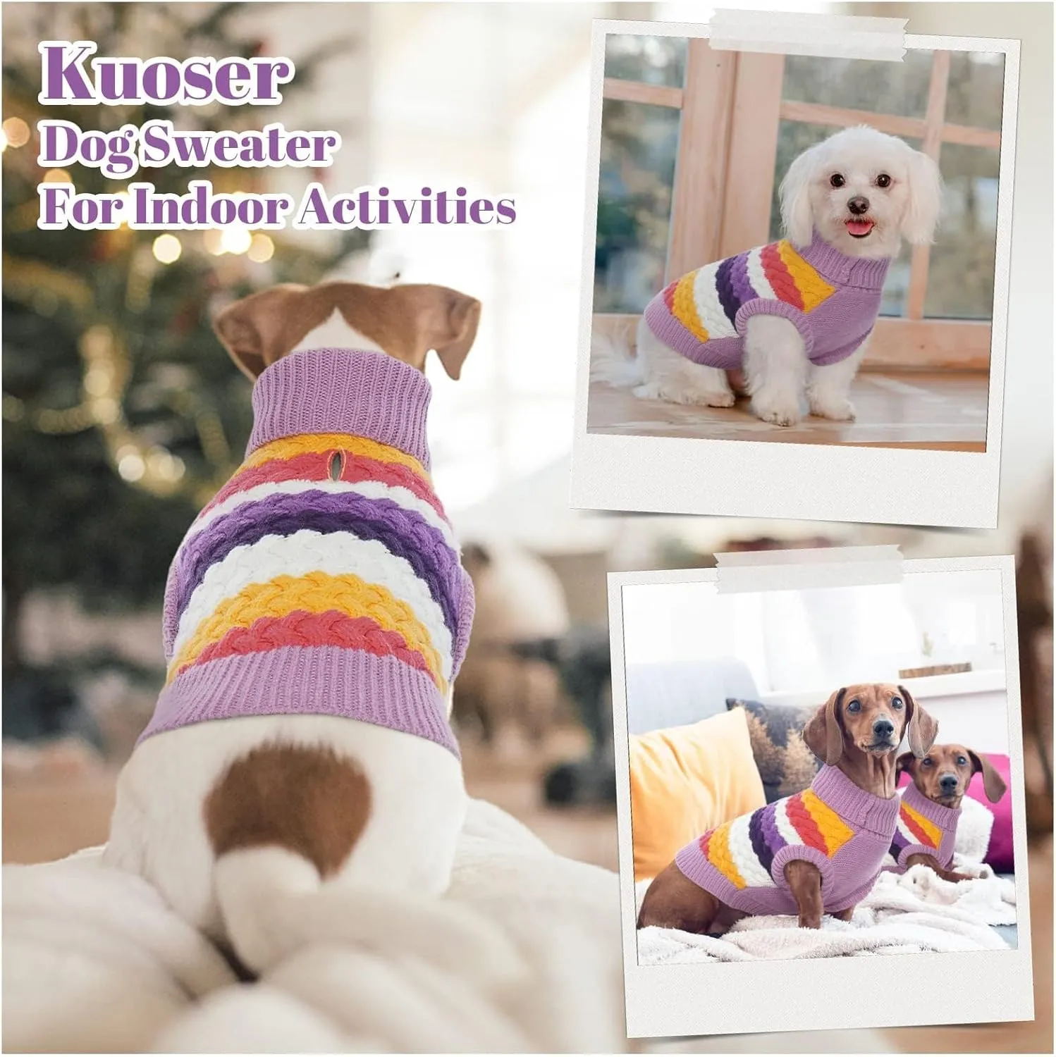 Kuoser Dog Sweater, Pet Cable Knitted Pullover Puppy Warm Clothes, Doggy Turtleneck Classic Knitwear Soft Thickening Doggie Outfit, Cold Weather Thermal Wear for Large Size Dogs, Purple 2XL