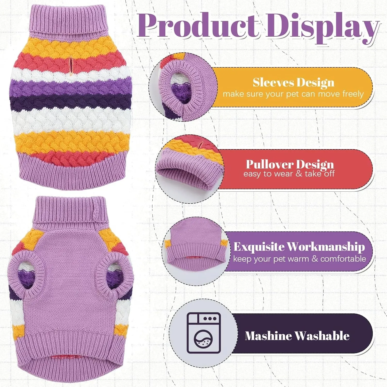 Kuoser Dog Sweater, Pet Cable Knitted Pullover Puppy Warm Clothes, Doggy Turtleneck Classic Knitwear Soft Thickening Doggie Outfit, Cold Weather Thermal Wear for Large Size Dogs, Purple 2XL