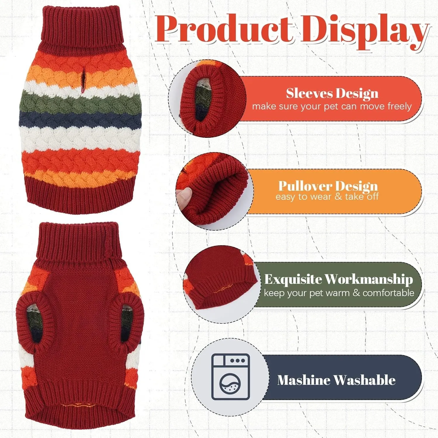 Kuoser Dog Sweater, Pet Cable Knitted Pullover Puppy Warm Clothes, Doggy Turtleneck Classic Knitwear Soft Thickening Doggie Outfit, Cold Weather Thermal Wear for Large Size Dogs, Red 2XL