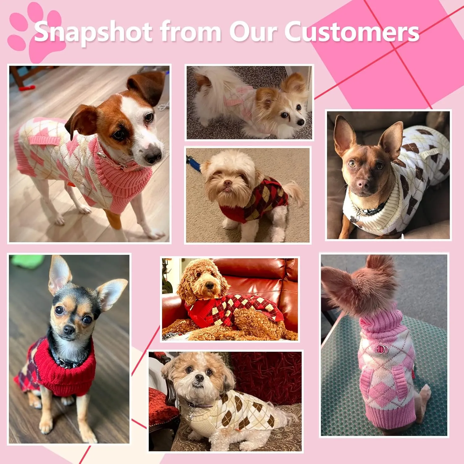 KYEESE Plaid (Pink) Acrylic Dog Sweater for Small Breeds, X-Small (2.5-4lbs), Pullover with Leash Hole, Classic Style, Unisex, Machine Washable, Fall Winter