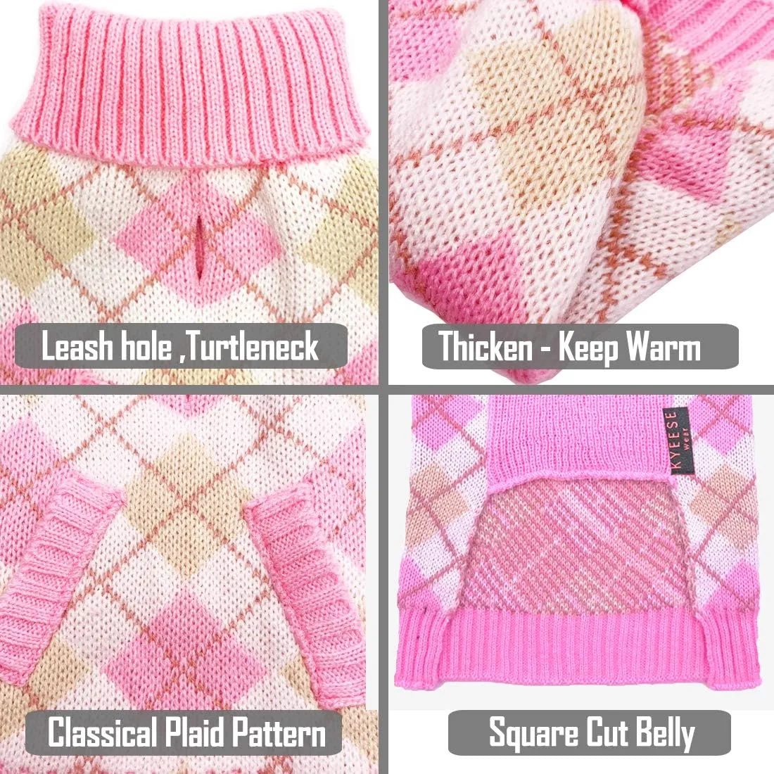 KYEESE Plaid (Pink) Acrylic Dog Sweater for Small Breeds, X-Small (2.5-4lbs), Pullover with Leash Hole, Classic Style, Unisex, Machine Washable, Fall Winter