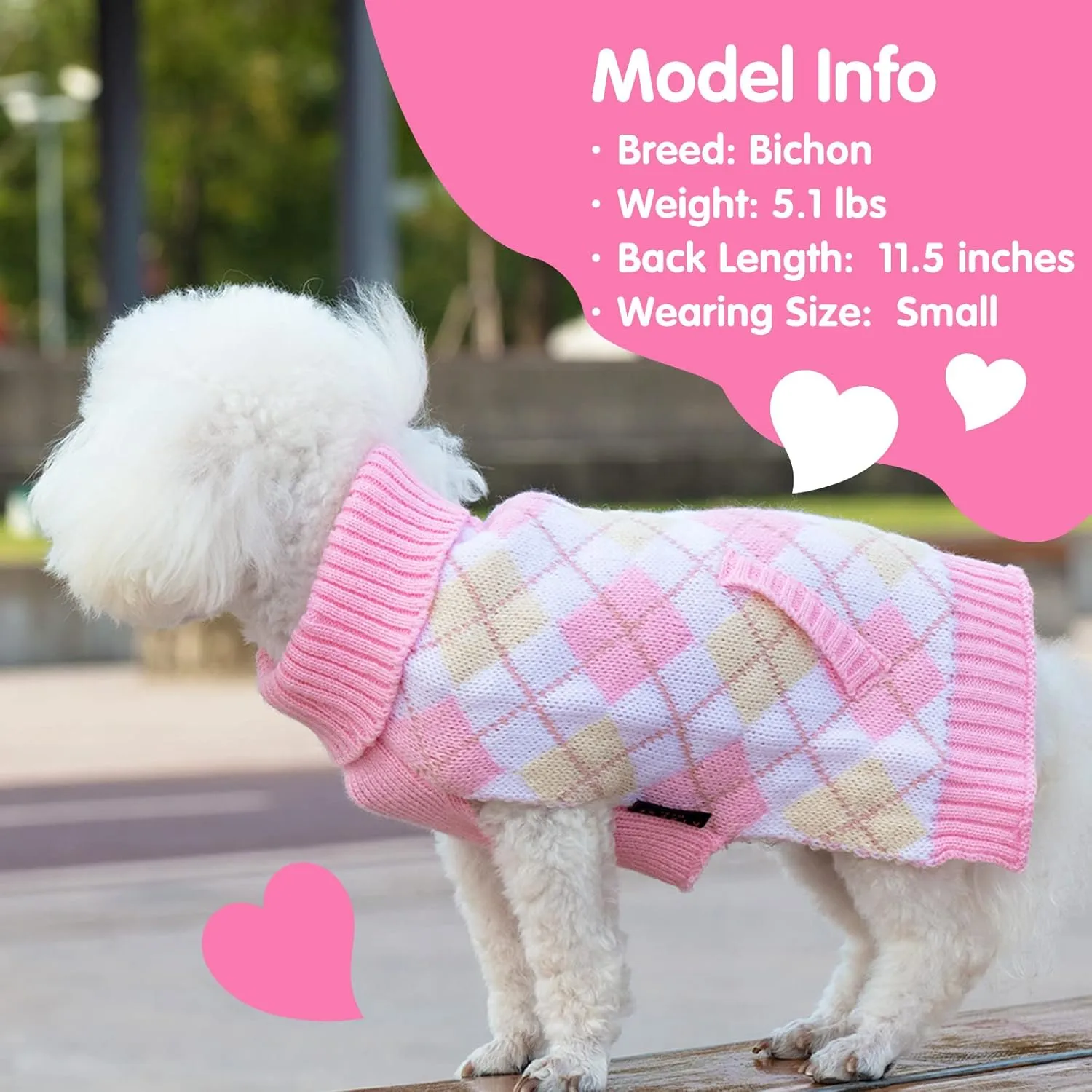 KYEESE Plaid (Pink) Acrylic Dog Sweater for Small Breeds, X-Small (2.5-4lbs), Pullover with Leash Hole, Classic Style, Unisex, Machine Washable, Fall Winter