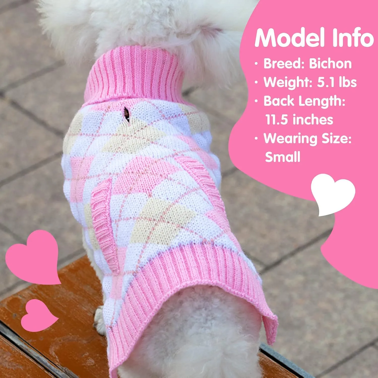 KYEESE Plaid (Pink) Acrylic Dog Sweater for Small Breeds, X-Small (2.5-4lbs), Pullover with Leash Hole, Classic Style, Unisex, Machine Washable, Fall Winter