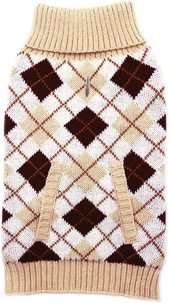 KYEESE Small Dog Sweaters Beige Dogs Sweater Thicken Classic Plaid Knit Warm Puppy Sweater with Leash Hole for Fall Winter