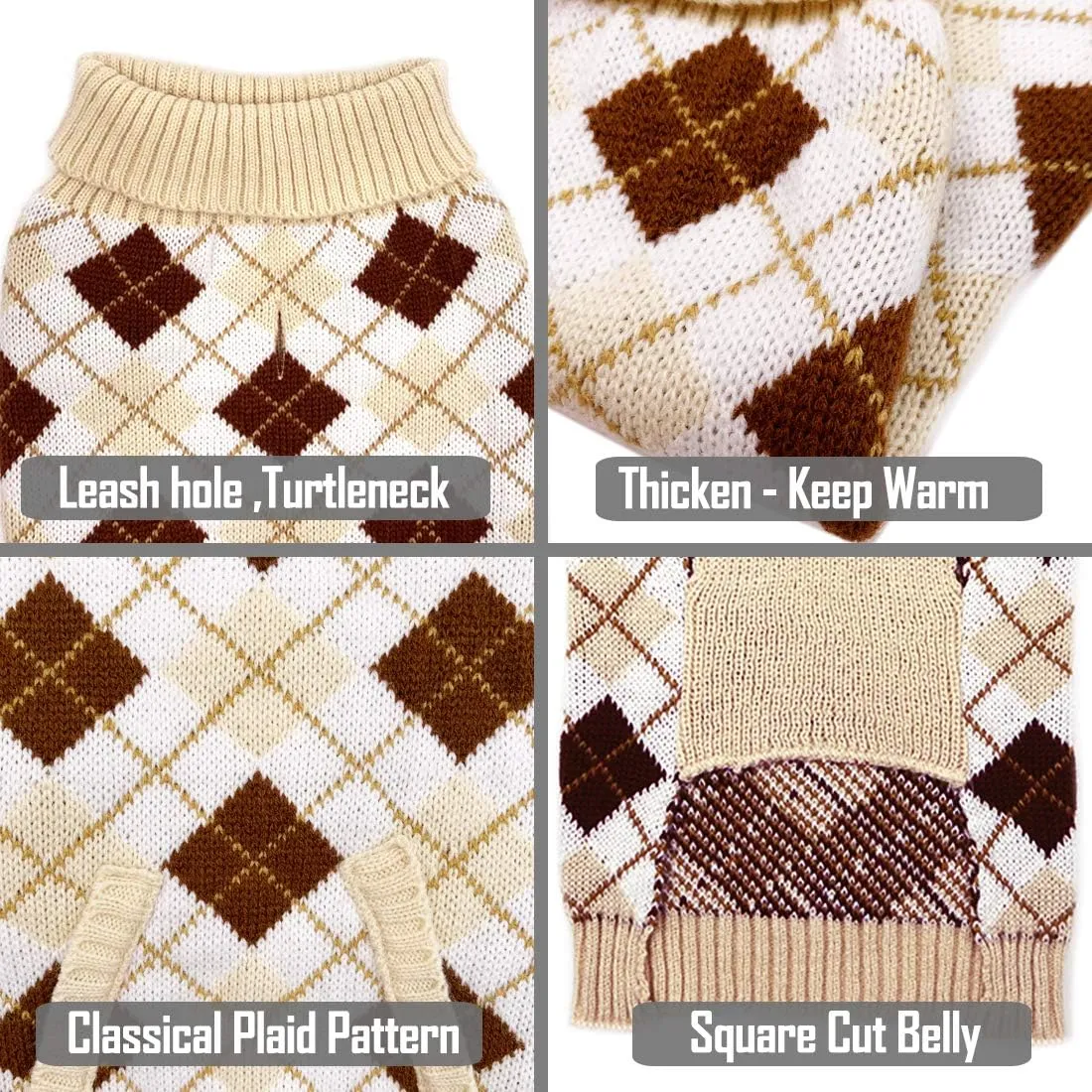 KYEESE Small Dog Sweaters Beige Dogs Sweater Thicken Classic Plaid Knit Warm Puppy Sweater with Leash Hole for Fall Winter