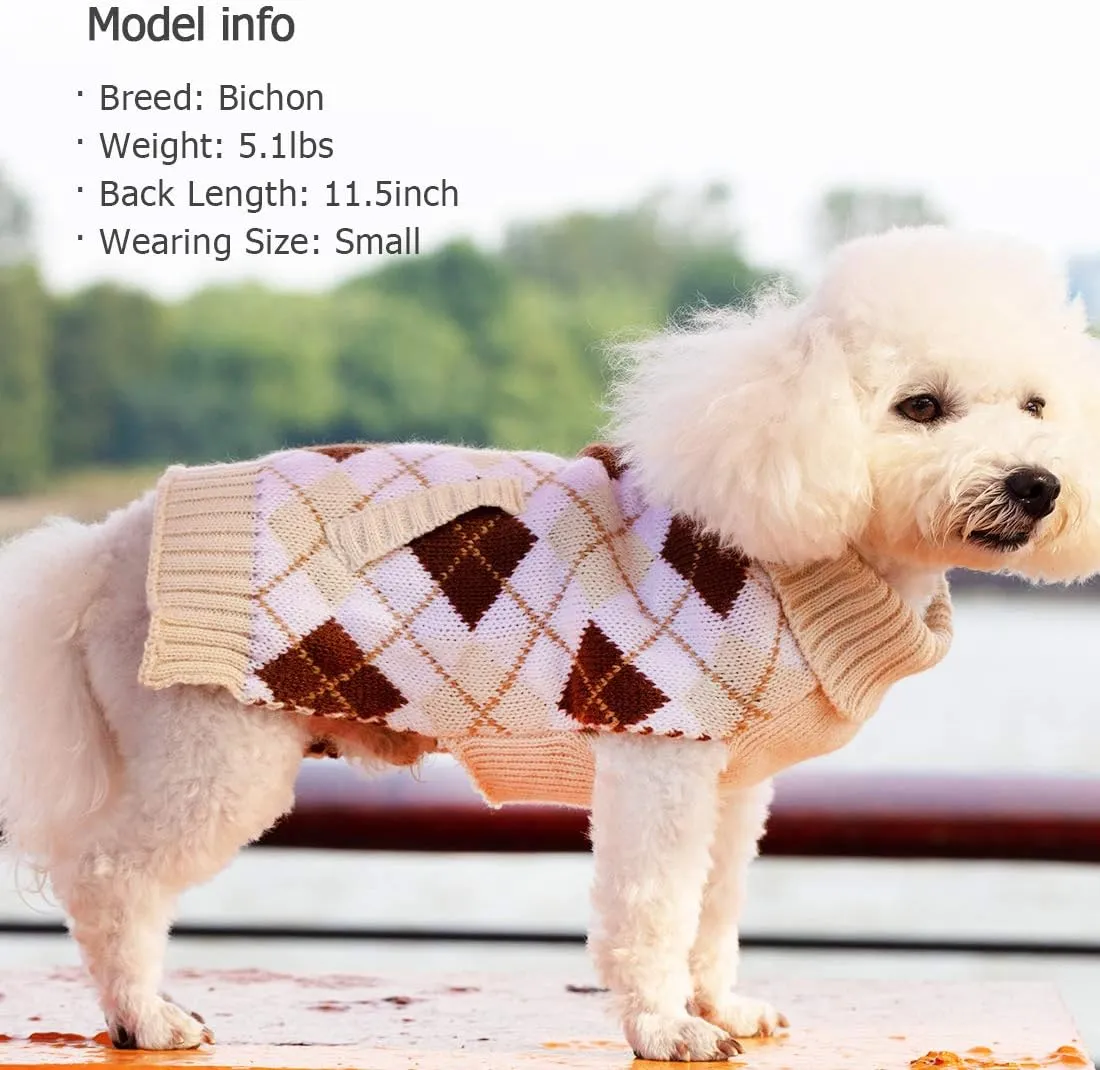 KYEESE Small Dog Sweaters Beige Dogs Sweater Thicken Classic Plaid Knit Warm Puppy Sweater with Leash Hole for Fall Winter