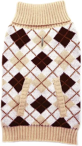 KYEESE Small Dog Sweaters Beige Dogs Sweater Thicken Classic Plaid Knit Warm Puppy Sweater with Leash Hole for Fall Winter