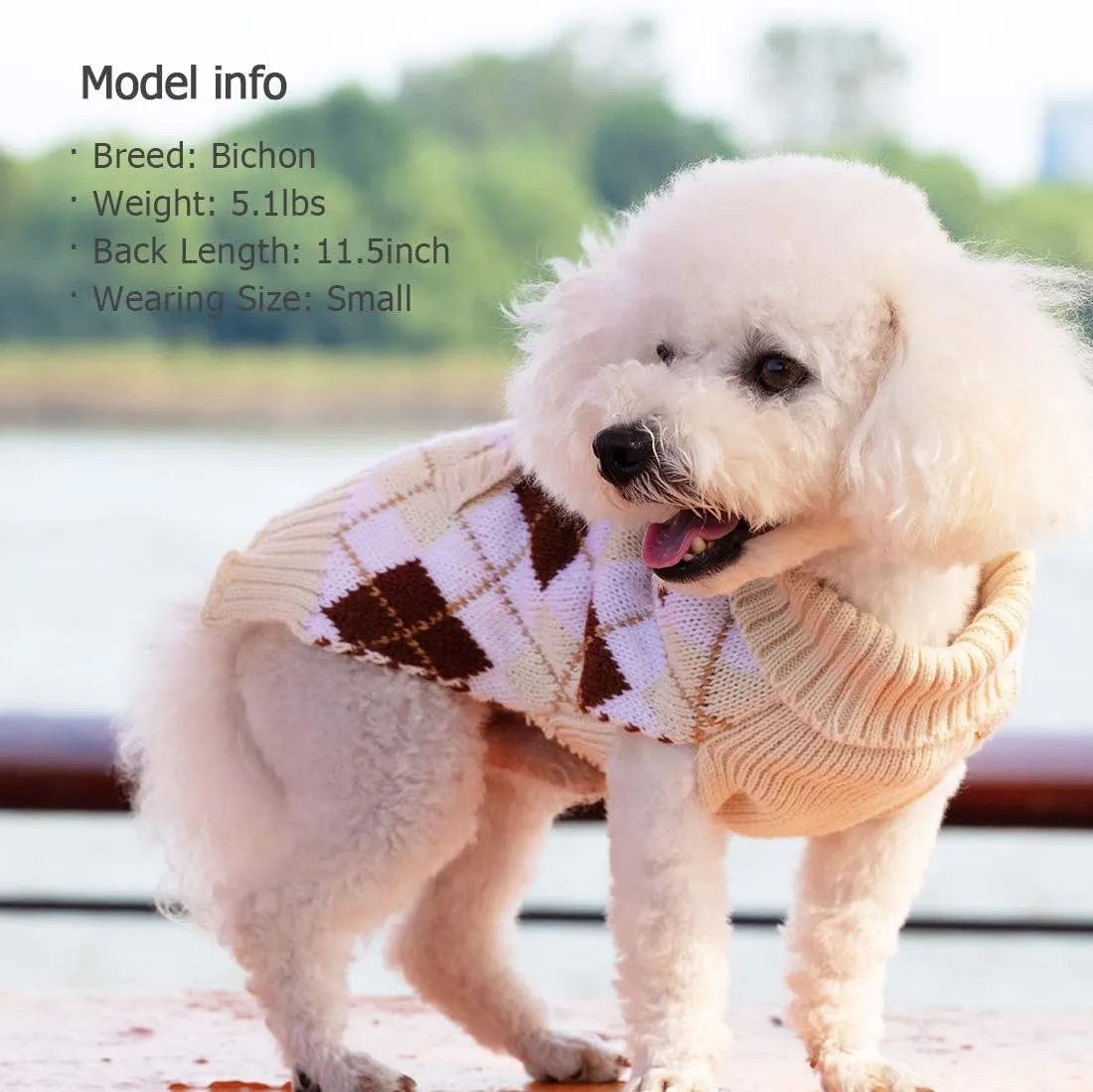 KYEESE Small Dog Sweaters Beige Dogs Sweater Thicken Classic Plaid Knit Warm Puppy Sweater with Leash Hole for Fall Winter