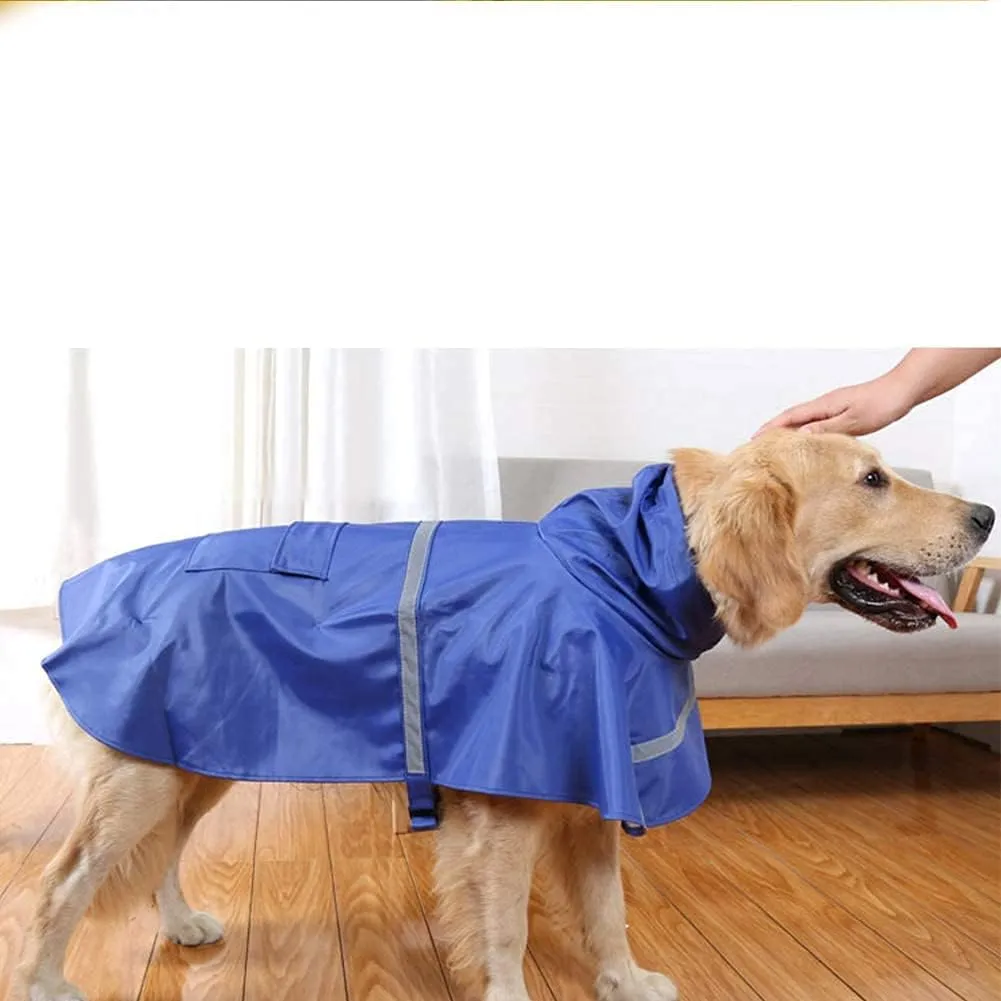 Large Dog Raincoat Adjustable Pet Waterproof Clothes Lightweight Rain Jacket Poncho Hoodies with Strip Reflective(Dark Blue,XXL)