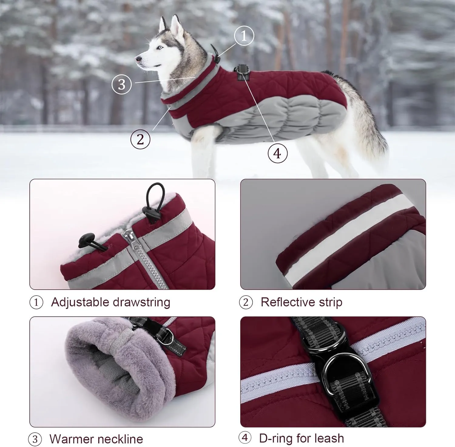 Lelepet Warm Dog Winter Coat with Harness Built in, Waterproof, Padded, Windproof, Reflective, Fleece, Turtleneck, Zippered, Snow Coats for Dogs, Wine Red, XX-Large