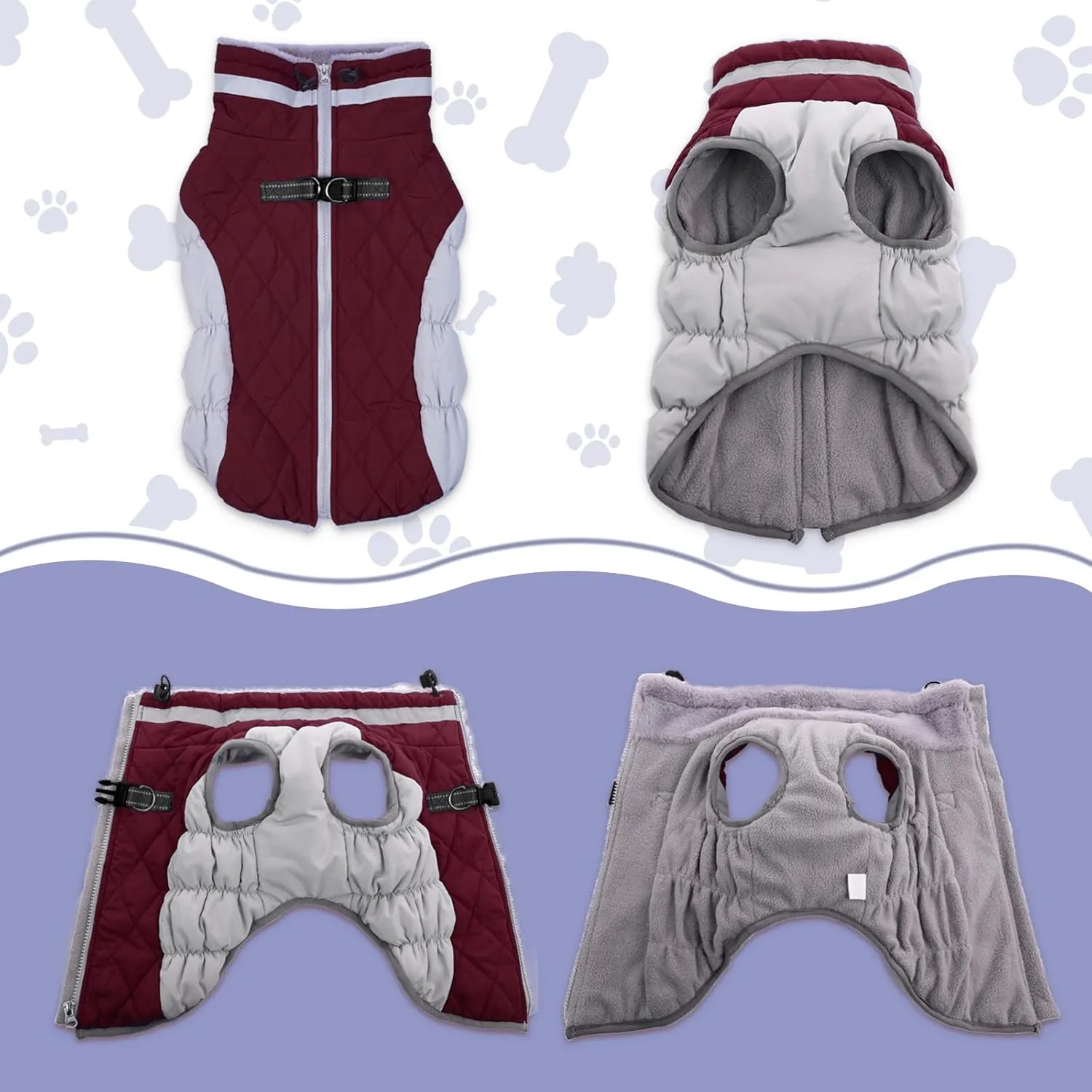 Lelepet Warm Dog Winter Coat with Harness Built in, Waterproof, Padded, Windproof, Reflective, Fleece, Turtleneck, Zippered, Snow Coats for Dogs, Wine Red, XX-Large