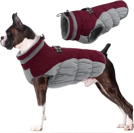 Lelepet Warm Dog Winter Coat with Harness Built in, Waterproof, Padded, Windproof, Reflective, Fleece, Turtleneck, Zippered, Snow Coats for Dogs, Wine Red, XX-Large