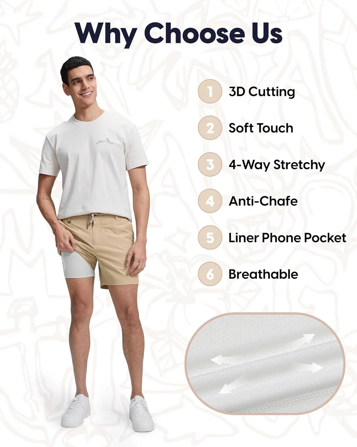 maamgic Mens Casual Shorts with Compression Liner 5/7 Inch Classic Fit Khaki Shorts