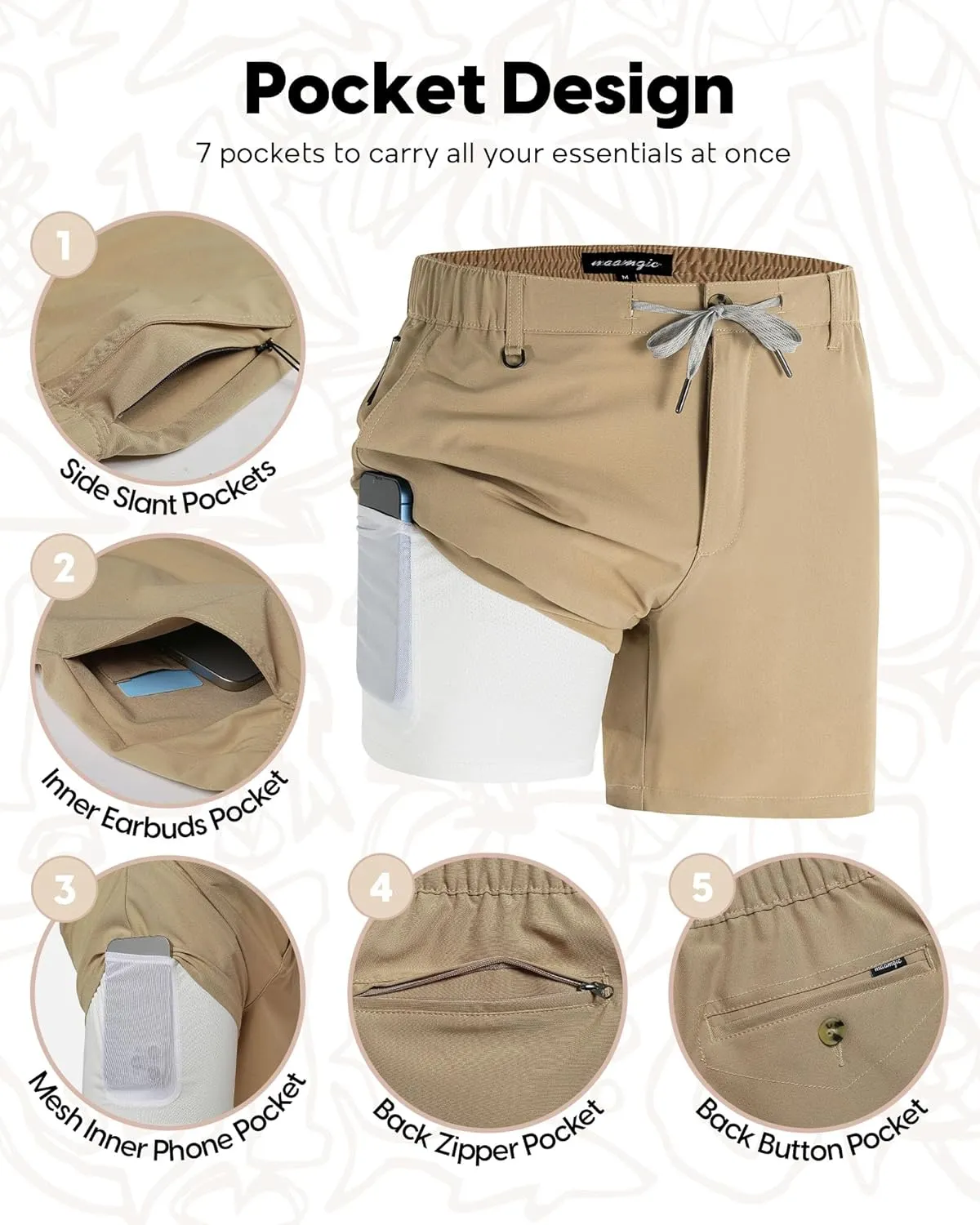 maamgic Mens Casual Shorts with Compression Liner 5/7 Inch Classic Fit Khaki Shorts