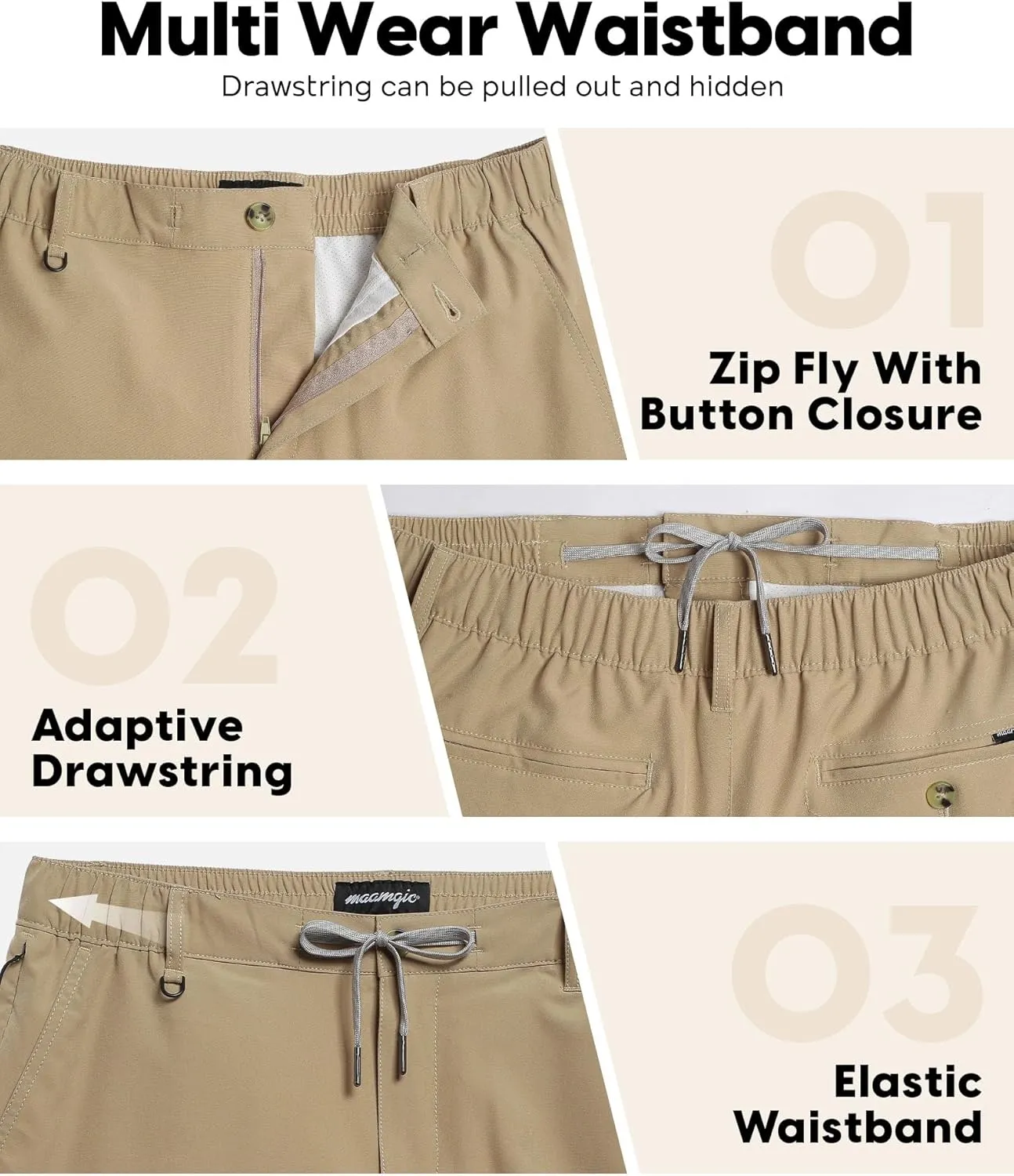 maamgic Mens Casual Shorts with Compression Liner 5/7 Inch Classic Fit Khaki Shorts